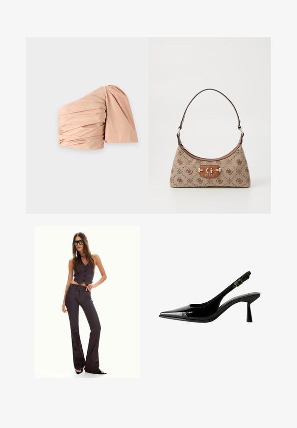 Peachfärgad top med en axel och rynkdetaljer. Mjuk, slät tyg med en strukturerad puffärmm. Minimalistisk design, inga mönster.; Brun randig kort väst och utsvängda byxor med knappar och en texturerad tyg. Svarta sandaler med öppen tå och stora solglasögon.; Svart lackläder slingback pumps med spetsig tå, urklippta sidor, justerbart vristband och en tunn, elegant klack.; Tote-väska i beige tyg med brunmönstrade detaljer. Har en rundad form, ett enskilt handtag och en logotavla på framsidan med silverfärgad hårdvara.