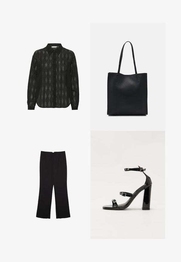 Camicia nera con bottoni realizzata in tessuto trasparente con un motivo a rombi e colletto a punta. Maniche lunghe con polsini abbottonati.; Pantaloni neri a gamba dritta, con tasche frontali e spacchi laterali all'orlo. Realizzati in tessuto morbido e liscio. Adatti a diverse occasioni.; Sandali con tacco in vernice nera, con punta squadrata, cinturini alla caviglia e fibbie in argento. Presentano un tacco a blocco spesso per maggiore stabilità.; Borsa tote in pelle nera con texture liscia, forma rettangolare e due manici lunghi. Nessun hardware o decorazione visibile.