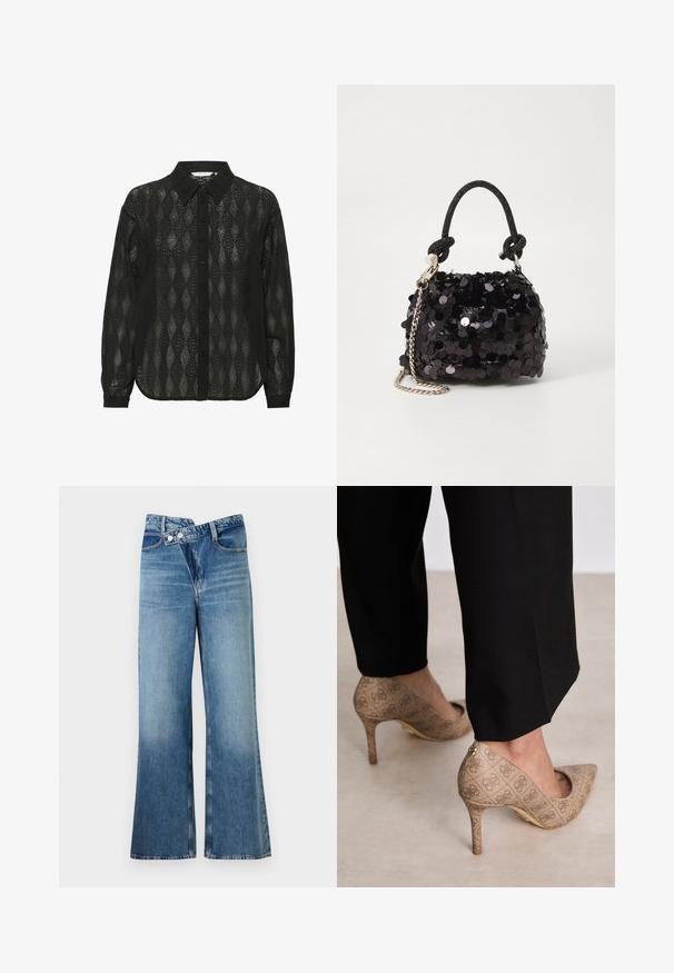 Juodas marškinėlis su sagomis, pagamintas iš permatomo audinio, su rombų raštu ir smailiu apykaklė. Ilgos rankovės su sagomis.; Šviesiai mėlynos džinsinės kelnes platėjančios apačios, aukštu liemeniu, su dviem saga ir priekinių kišenių detalėmis. Medžiaga turi išblukusį tekstūrą su subtiliais skirtumais.; Smėliniai aukštakulniai bateliai su tekstūruotu audiniu, kuriame yra pasikartojanti tekstūra. Išgaubtas pirštas, su užpakaline akcentu ir auksiniu kulno detaliu.; Juodas blizgučių mini rankinukas su mazguotu tekstūruotu dirželiu ir sidabro grandine. Suapvalinta forma su susiraukšlėtopu ir atspindinčiomis detalėmis.