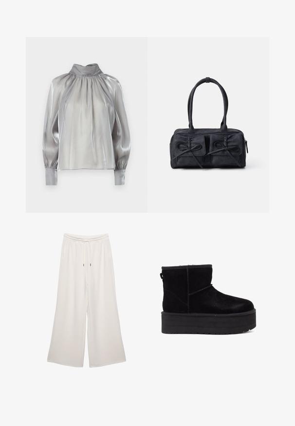 Blusa argento con colletto alto, scollatura arricciata e maniche lunghe a sbuffo. Tessuto liscio e lucido con una texture leggera e morbida.; Pantaloni a gamba larga di colore crema, realizzati in tessuto morbido, con vita elastica, cordoncino e tasche laterali. Texture liscia.; Stivaletti alla caviglia in suede nero con una suola piatta robusta e un rivestimento morbido. Finiti con dettagli di cucitura e una linguetta posteriore per indossarli facilmente.; Borsa in tessuto nero con due tasche frontali decorate con fiocchi, doppi manici e chiusura zip. Texture morbida e forma rettangolare.