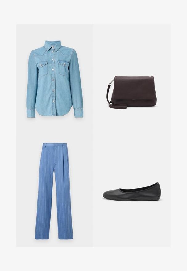 Light blue denim shirt with long sleeves, button placket, and two chest pockets. Features a classic collar and subtle stitching accents.; Light blue wide-leg trousers with vertical white stripes. Made of smooth material, featuring a front pleat and a clean waistband design.; Black leather ballet flat with a rounded toe, smooth texture, minimal stitching detail, and a flexible sole design.; Tiger of Sweden LIMBIATE UNISEX - Cross body bag - pure decadence