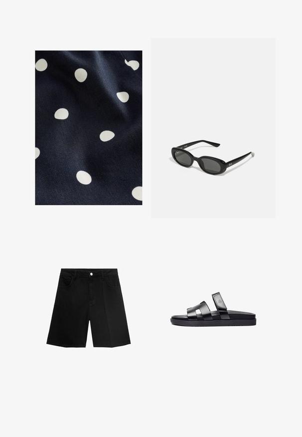 Navy fabric with a smooth texture featuring scattered white polka dots of varying sizes. The design is playful and rhythmic.; Pink short-sleeve T-shirt made from soft fabric, featuring a crew neckline and the text "A LITTLE BIT DRAMATIC" in bold print.; Black denim shorts featuring a straight cut, five pockets, and a silver button closure. Smooth texture with minimal stitching detail.; Black slide sandals featuring two wide, flat straps with cut-out details and a textured footbed, set on a black, smooth sole.; Black sunglasses with oval lenses, glossy plastic frame, and slender arms. Features Ray-Ban logo in white on the side.; Black leather handbag with braided handles, textured surface, zippered front pocket, and decorative fringe accents. Compact and structured shape.