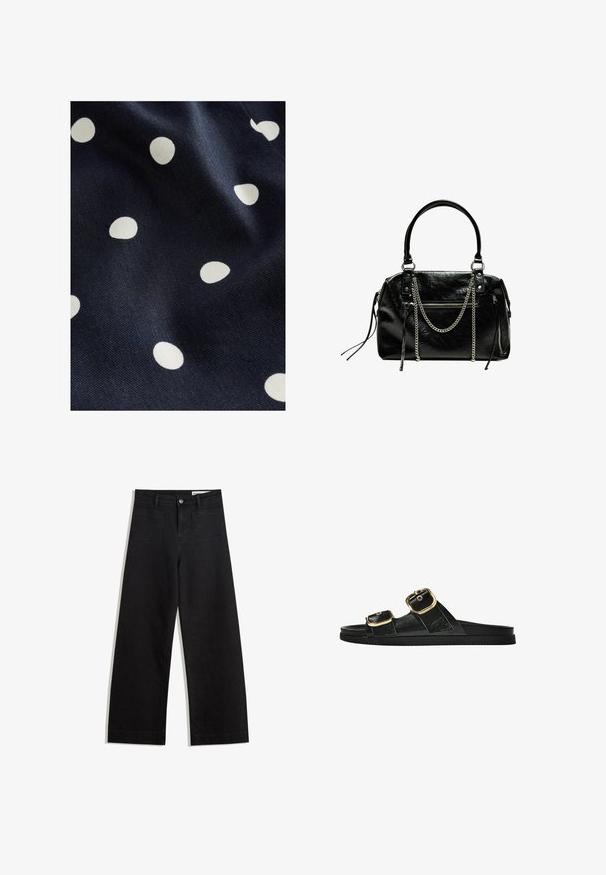 Tessuto blu navy con una superficie liscia, caratterizzato da pois bianchi di diverse dimensioni disposti in modo casuale. Il design è giocoso e ritmico.; Pantaloni in denim neri a gamba larga con vita alta, dotati di tasche anteriori e posteriori, cuciture a punto, e chiusura con bottone. Texture liscia.; Infradito neri con due accenti di fibbia dorata, materiale dalla texture liscia, suola piatta e design minimalista.; Bershka WITH CHAIN - Borsa a mano - black