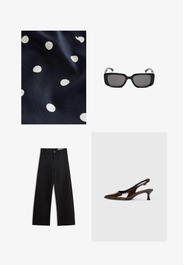 Marinefarvet stof med en glat tekstur, der har spredte hvide polka prikker i forskellige størrelser. Designet er legende og rytmisk.; Sorte wide-leg denim bukser med høj talje, der har front- og baglommer, syede sømme og en knaplukning. Glat tekstur.; Brun patenteret læder slingback sko med spids tå og en moderat hæl. Har en spænde rem for en sikker pasform. Glat tekstur.; Sorte rektangulære solbriller med mørke linser, glat plastikramme og buede stænger. Designet er klodset med en minimalistisk æstetik.