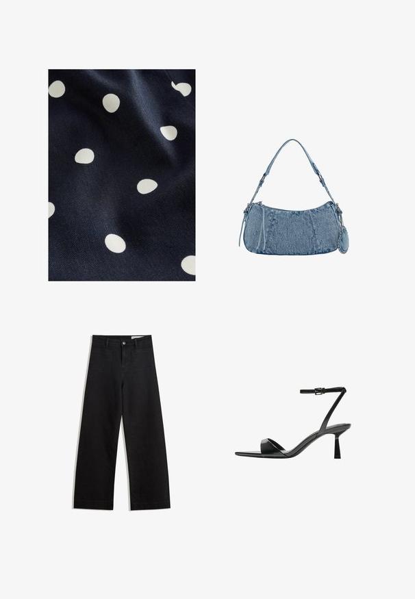 Laivastonsininen kangas, jossa on sileä rakenne ja hajallaan olevia valkoisia pilkkuja eri kokoisina. Suunnittelu on leikkisä ja rytminen.; Mustat leveät farkut korkealla vyötäröllä, joissa on etu- ja takataskut, ommellut saumat ja nappisuljenta. Silkinoinen rakenne.; Bershka Korolliset sandaalit - black; Denim-käsilaukku, jossa on kaareva muoto, vaaleansininen väri, säädettävä olkahihna ja pieni irrotettava pussukka metallikoristeilla.