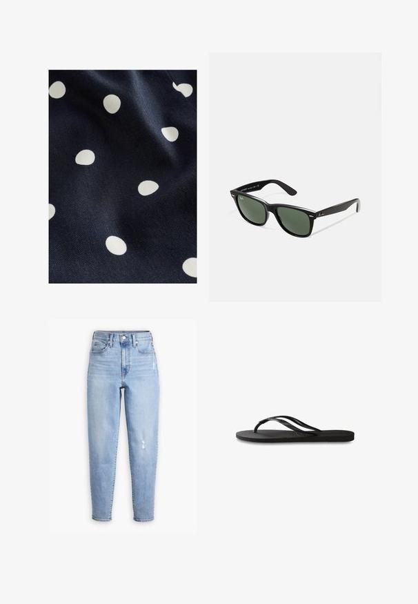 Granatowy materiał o gładkiej fakturze z rozrzuconymi białymi kropkami w różnych rozmiarach. Wzór jest zabawny i rytmiczny.; Jasnoniebieskie jeansy z wysokim stanem wykonane z denimu, z prostą nogawką, subtelnym wyblaknięciem i małym przetarciem na prawej udzie.; Czarne klapki z teksturowaną gumową podeszwą, dwiema smukłymi paskami oraz subtelnym, wytłoczonym logo na pasku.; Czarne plastikowe okulary przeciwsłoneczne z zielonymi szkłami, kwadratowe oprawki, srebrny akcent na brwi oraz fakturowane ramiona temple. Nazwa marki podana na wewnętrznej stronie ramion.
