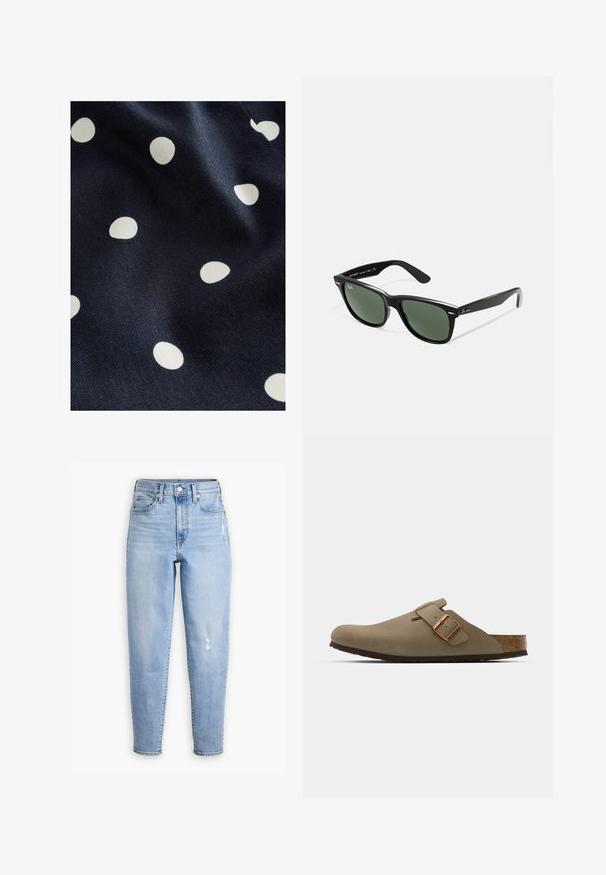 Marinefarvet stof med en glat tekstur, der har spredte hvide polka prikker i forskellige størrelser. Designet er legende og rytmisk.; Lysblå højtaljede jeans lavet af denim, med lige ben, subtil falming og et lille slidområde på højre lår.; Brune træskor med en glat, mat finish. Har en fremtrædende bronze spænde på siden. Korkfodbed og gummisål for komfort.; Sorte plastiksolkaber med grønne linser, firkantede stel, sølvaccent på brynene og teksturerede templede arme. Angivet mærke på den indre arm.