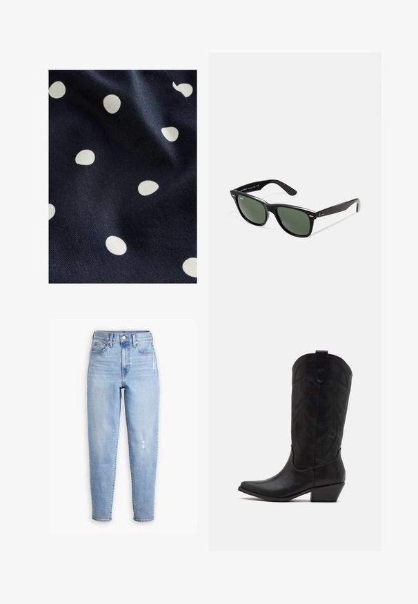 Marineblauer Stoff mit einer glatten Textur, der verstreute weiße Pünktchen in unterschiedlichen Größen zeigt. Das Design ist verspielt und rhythmisch.; Helle blaue High-Waist-Jeans aus Denim, mit geradem Bein, dezentem Farbverlauf und einem kleinen abgeriebenen Bereich am rechten Oberschenkel.; Schwarze Leder-Cowboystiefel mit spitzer Zehenform, niedrigem, gestapeltem Absatz und kunstvollem, geprägtem Blattmuster am Schaft. Schleife am oberen Ende für einfaches Anziehen.; Schwarze Plastiksonnenbrille mit grünen Gläsern, quadratischen Rahmen, silbernem Akzent auf der Augenbraue und strukturierten Bügeln. Angegebene Marke auf dem inneren Bügel.