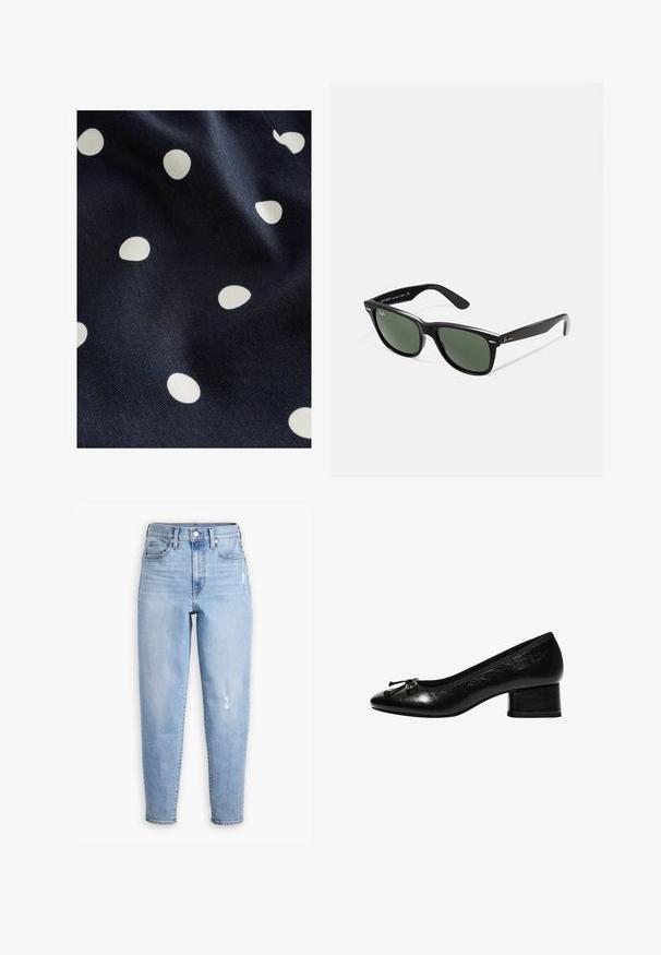 Námořnická látka s hladkým povrchem, na které jsou rozmístěny bílé puntíky různých velikostí. Design je hravý a rytmický.; Svetle modré džíny s vysokým pasem vyrobené z denimu, s rovnými nohavicemi, jemným vyblednutím a malou odřenou oblastí na pravém stehně.; Černé lakované lodičky s kulatou špičkou, malým blokovým podpatkem a mašlí na přední části. Hladký povrch s lesklým finišem.; Černé plastové sluneční brýle se zelenými skly, čtvercové obroučky, stříbrný detail na obočí a texturované stranice. Značka uvedená na vnitřní straně stranic.; Námořnická kožená kabelka s dvěma dlouhými uchy, detaily s přezkou a připevněným klíčenkou. Vyznačuje se hladkým povrchem a obdélníkovým tvarem.