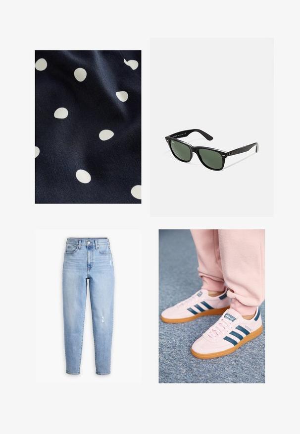 Námorná tkanina s hladkou textúrou, na ktorej sú rozptýlené biele bodky rôznych veľkostí. Dizajn je hravý a rytmický.; Svetlomodré džínsy s vysokým pásom vyrobené z denimu, s rovnou nohavicou, jemným vyblednutím a malou poškodenou časťou na pravej stehne.; Svetloružové semišové tenisky s tmavomodrými koženými pruhmi a gumenou podrážkou. K dispozícii sú ploché šnúrky a značka na boku a jazyku.; Čierne plastové slnečné okuliare so zelenými šošovkami, štvorcové rámy, strieborný akcent na obočí a textúrované ramenné opierky. Brand uvedený na vnútornej strane ramien.; Čierna syntetická kabelka s zakriveným tvarom, strieborným reťazovým popruhom, zipsovým uzáverom a embosovaným logom značky na prednej strane. Hladký povrch.