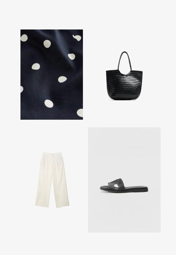 Marineblauer Stoff mit einer glatten Textur, der verstreute weiße Pünktchen in unterschiedlichen Größen zeigt. Das Design ist verspielt und rhythmisch.; Helle Stoffhose mit weitem Bein und glatter Textur, ausgestattet mit einem einzelnen Knopf vorne, dezenten Falten und einem Hochbund-Design.; Schwarze Leder-Schlippersandale mit flacher Sohle, ausgestattet mit zwei überkreuzten Riemen und kontrastierenden weißen Nähten. Einfaches Design mit offenem Zehenbereich.; Schwarze geflochtene Tragetasche mit gerundetem Oberteil, Seitennähten und zwei geflochtenen Griffen. Verfügt über ein strukturiertes Muster und ein geräumiges Innenfach.