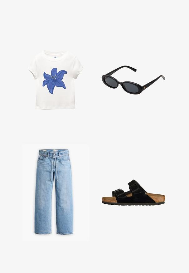 Valkoinen puuvillatee-paita, jossa on suuri sininen kukkakuva keltaisilla yksityiskohdilla, pyöreä pääntie ja lyhyet hihat.; Vaaleansiniset farkut leveillä lahkeilla, joissa on korkea vyötärö, nappi- ja vetoketjukiinnitys sekä narutasku vyötäröllä. Raaka helma.; Musta patentoitu nahkaisandaalit, joissa on kaksi säädettävää hihnaa, korkkijalkatuki ja kumipohja, joissa on sileä pinta ja minimalistinen muotoilu.; Mustat ylisuuruiset aurinkolasit, jotka ovat soikeat linssit, sileä muovikehys ja kultaiset korostukset temppeleissä. Tummat linssit tarjoavat suojaa auringolta.