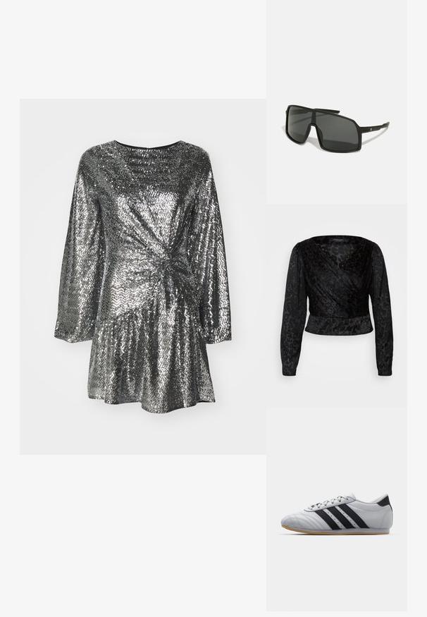 Top negro de manga larga transparente con un patrón de leopardo texturizado. La tela es suave, con una silueta ajustada y un diseño de escote en V.; Vestido de lentejuelas plateadas con mangas largas, que presenta un diseño frontal retorcido y una falda acampanada. Textura suave con superficie reflectante.; Zapatillas deportivas grises con un acabado de cuero suave, que cuentan con tres franjas negras, una puntera redondeada y una suela de goma.; Gafas de sol negras con una gran montura angular, lentes oscuros y varillas delgadas y elegantes con un pequeño logo en un lado.; Pendientes de aro de plata con un acabado pulido, que presentan un diseño circular y bisagras sin costuras, exhibiendo una textura suave.