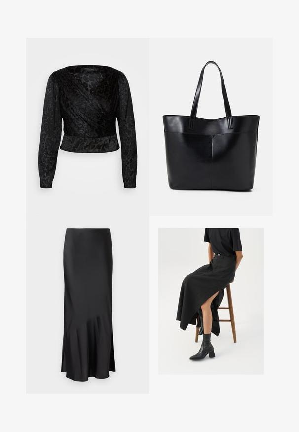 Črn top z ovitkom z dolgimi prosojnimi rokavi in teksturiranim leopardjim vzorcem. Tkanina je gladka, s prilegajočim se silhueto in V-izrezom.; Črna satenska midi krila z elegantnim dizajnom, ki ima rahlo razširitev na robu in stranski razporek za enostavno gibanje. Gladka tekstura.; Črna lanena maxi krilo z visokim razporkom, oblečeno s črno majico in črnimi gležnjarji. Minimalističen dizajn z udobnim krojem.; Črna usnjena torba z dvema dolgima ročajema, gladko teksturo in strukturirano obliko. Ima sprednji žep za dodatno shranjevanje.