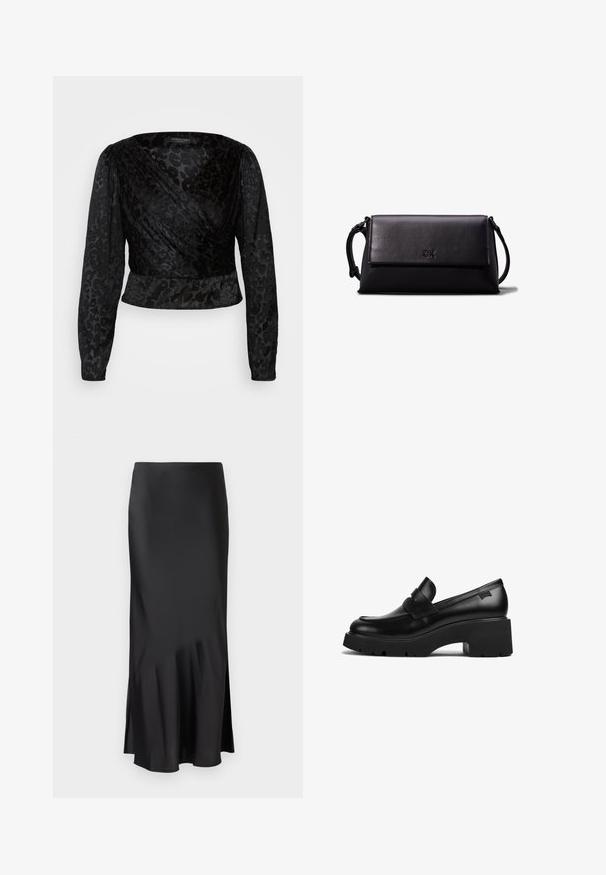 Mustahdari musta yoke, jossa on pitkät läpinäkyvät hihat ja karvainen leopardikuosi. Kangas on sileä, ja siinä on tiukka siluetti ja V-pääntie.; Musta satiinimidihelma, jossa on tyylikäs muotoilu, hienovarainen flare helman kohdalla ja sivuaukko liikkumisen helpottamiseksi. Sujuva rakenne.; Musta nahkakengät, joissa on paksut korot ja paksu pohja, sekä nauhaysitys päällä, esitetty sivuprofiilista valkoista taustaa vasten.; Musta nahkainen clutch-laukku, jossa on suorakulmainen muoto, sileä pinta, litteä läpän sulkumekanismi ja pieni kahva sivussa. Mukana hienovarainen logo.