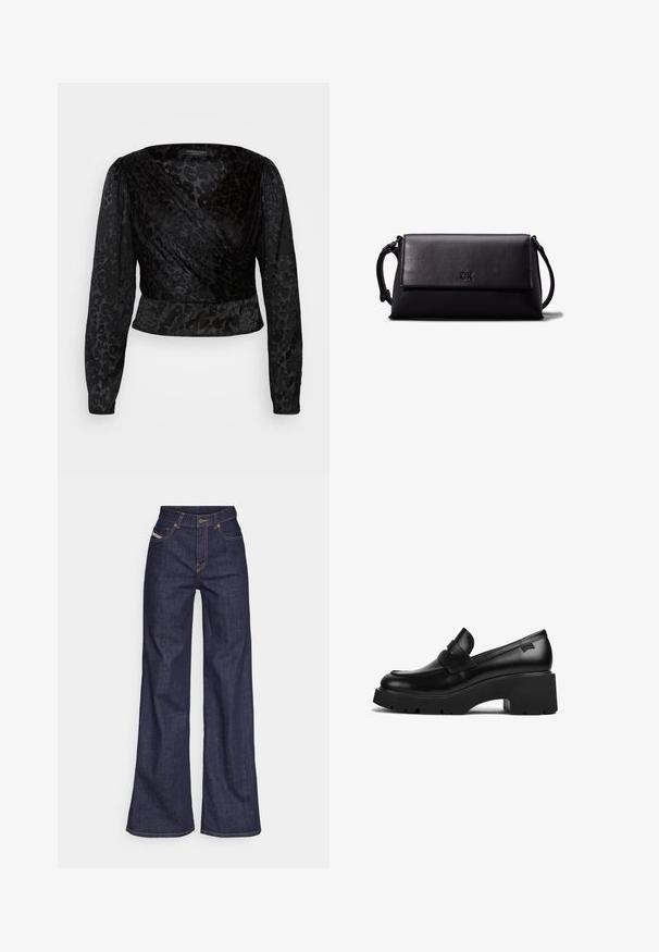 Zwarte wrap-top met lange doorzichtige mouwen en een gestructureerd luipaardpatroon. De stof is glad met een aansluitende pasvorm en een v-hals ontwerp.; Donkerblauwe wijde jeans van denimstof met een hoge taille, voorzien van oranje stiksels, een vijf-pocket ontwerp en een knoopsluiting.; Zwarte leren loafers met chunky hak en dikke zool, met een banddetail over de bovenkant, zijaanzicht op een witte achtergrond.; Zwarte leren clutch met een rechthoekige vorm, een gladde textuur, een platte klep als sluiting en een klein handvat aan de zijkant. Bevat een subtiel logo.; Zilveren hoepel oorbellen met een minimalistisch ontwerp. Cirkelvormig, gladde textuur en dun profiel. Lichtgewicht met een gepolijste afwerking.