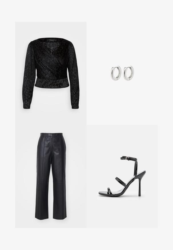 Top nero avvolgente con maniche lunghe trasparenti e un motivo leopardato a texture. Il tessuto è liscio con una silhouette aderente e un design a scollatura a V.; Pantaloni in pelle nera con vita alta, design a gamba ampia e dettagli di cuciture verticali. Texture liscia con una finitura lucida.; Sandali con tacco alto in pelle verniciata nera, dotati di tre cinturini orizzontali e una cinghia alla caviglia regolabile. Silhouette elegante e finitura lucida.; Orecchini a cerchio in argento con una finitura lucida, caratterizzati da un design circolare e cerniere senza soluzione di continuità, che mostrano una superficie liscia.