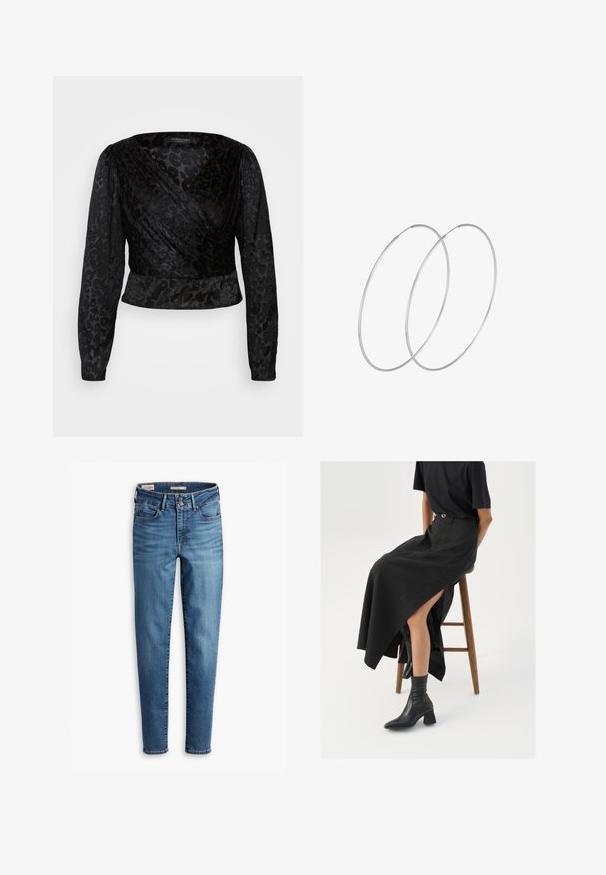 Juoda viršutinė kila su ilgomis skaidriomis rankovėmis ir tekstūruotu leopardų raštu. Medžiaga lygi, talpi siluetas ir V formos iškirptė.; Aukštos liemens, liesos džinsai šviesiai mėlynos spalvos. Yra penki kišenės, priekinis sagų uždarymas ir klasikinis siuvimo detalė visame džinsų paviršiuje.; Juoda lininė maksi sijonas su aukštu plyšiu, vilkimas su juodu marškinėliu ir juodais aulinukais. Minimalistinis dizainas su laisvu siluetu.; Sidabrinės pusmėnulio auskarai minimalistiniu dizainu. Apskritimo forma, lygus paviršius ir plonas profilis. Lengvi su poliruotu apdailu.