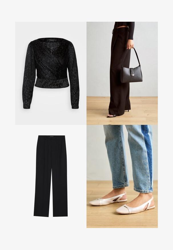 Sort indpakningsbluse med lange gennemsigtige ærmer og tekstureret leopardmønster. Stoffet er glat med en tætsiddende silhuet og v-halsdesign.; Sorte bukser med en lige ben-design, der har to forlommer og en talje. Lavet af et glat, let stof.; Lyserøde slingback flade sko med spidse tær, lavet af et glat læderlignende materiale. Har udskæringsdetaljer på siderne og en flad hæl.; Sort håndtaske med struktureret form, glat overflade og metalspænde. Sammen med brede sorte bukser og sandaler med åben tå på trægulv.