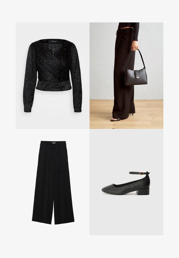 Top noir à manches longues en voile transparent et à motif léopard texturé. Le tissu est lisse avec une silhouette ajustée et un décolleté en V.; Pantalons larges noirs en tissu texturé, avec une taille élastique et une ceinture à nouer amovible à la taille pour un ajustement variable.; Escarpin en cuir noir avec un bout pointu et un petit talon bloc. Doté d'une bride de cheville avec une boucle dorée. Texture lisse.; Sac à main noir à la forme structurée, texture lisse et fermoir métallique. Associé à un pantalon noir ample et des sandales ouvertes sur un sol en bois.