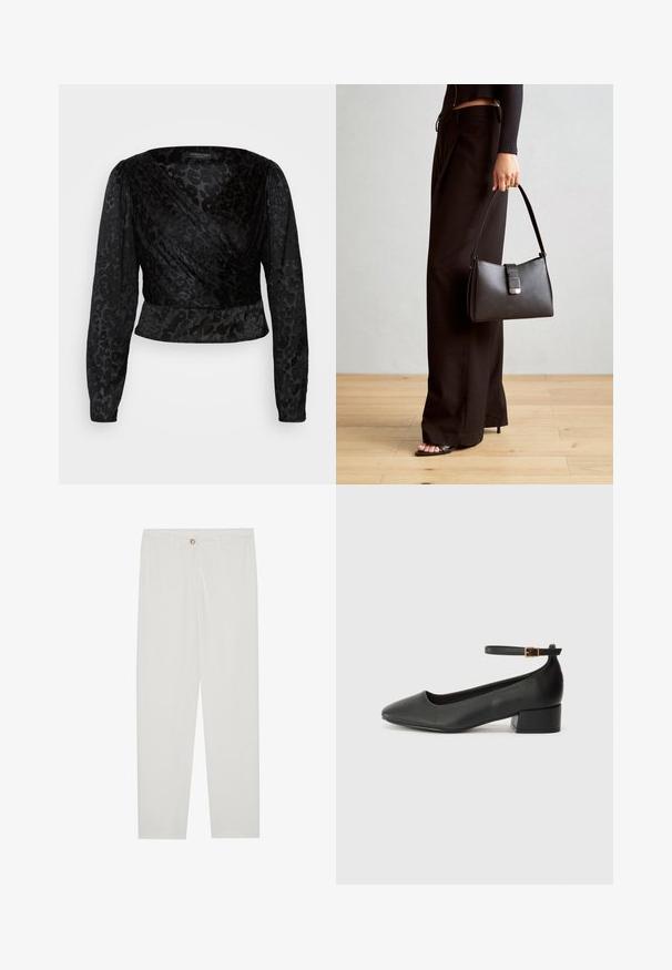 Must mustriga, millel on pikad läbipaistvad varrukad ja tekstureeritud leopardimuster. Kanga pind on sile, tal on vormitud siluett ja v-kaelus.; Valged kohandatud püksid sirge lõikega, varustatud nupuga kinnitusega, vöödega ja küljetaskutega; sile kangatekstuur.; Must mustaapp, millel on terav nina ja madal blokk-kand. Omab pahkluu rihma koos kuldse tooni pandlaga. Sile tekstuur.; Must musta kott, millel on struktureeritud kuju, sile tekstuur ja metallist klamber. Kombineeritud laiate mustade pükstega ja avatud varvaste sandaalidega puidust põrandal.