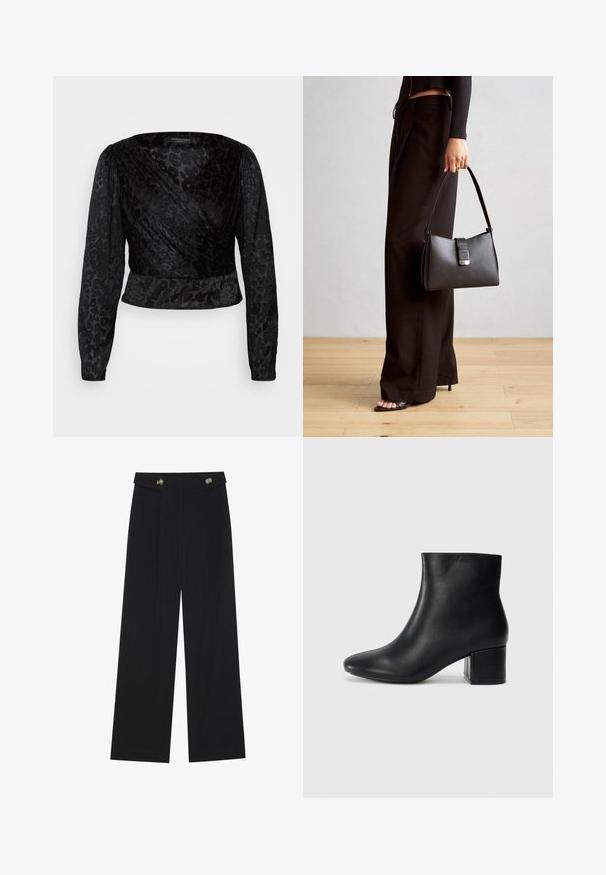 Zwarte wrap-top met lange doorzichtige mouwen en een gestructureerd luipaardpatroon. De stof is glad met een aansluitende pasvorm en een v-hals ontwerp.; Zwarte wijde broek met hoge taille, knoopdetails op de tailleband en plooien aan de voorkant.; Zwarte leren enkellaarzen met een spitse neus en een chunky hak. Gladde textuur met minimale accenten en een slank, strakk ontwerp.; Zwarte handtas met gestructureerde vorm, gladde textuur en een metalen sluiting. Gecombineerd met brede zwarte broeken en sandalen met open teen op een houten vloer.