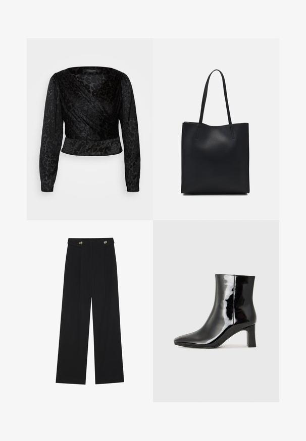 Black wrap top featuring long sheer sleeves and a textured leopard pattern. The fabric is smooth with a fitted silhouette and v-neck design.; Black wide-leg trousers with high waist, button details on waistband, and front pleats.; Black patent leather ankle boot with a pointed toe and a mid-height block heel. Smooth texture and minimalist design.; Black leather tote bag with smooth texture, rectangular shape, and two long handles. No visible hardware or embellishments.