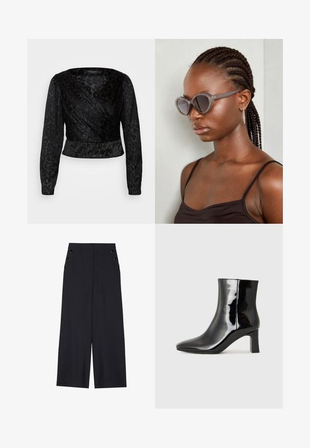 Top negru cu mâneci lungi din material transparent și un model texturat de leopard. Țesătura este netedă, cu o siluetă ajustată și un decolteu în formă de V.; Pantaloni evazați din material bleumarin închis, cu o textură netedă, pliseuri frontale și ochiuri decorative aurii pe buzunarele laterale.; Botine negre din piele lacuită, cu vârful ascuțit și toc bloc de înălțime medie. Textură netedă și design minimalist.; Ochelari de soare supradimensionați gri, cu formă rotundă și lentile închise la culoare. Rame din plastic elegante, cu un finisaj neted. Modelul are părul împletit.