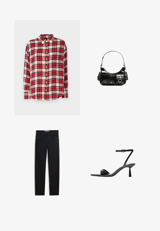 GANT Overhemdblouse - ruby red; Zwarte denimbroek met een recht silhouet, vijf zakken, metalen knoopsluiting en subtiele stikdetails. Gladde textuur.; Bershka Sandalen met hoge hak - black; Zwarte laarzen in lakleer met een gebogen vorm, één schouderband, voorvakken en accenten in zilverkleurig metaal.