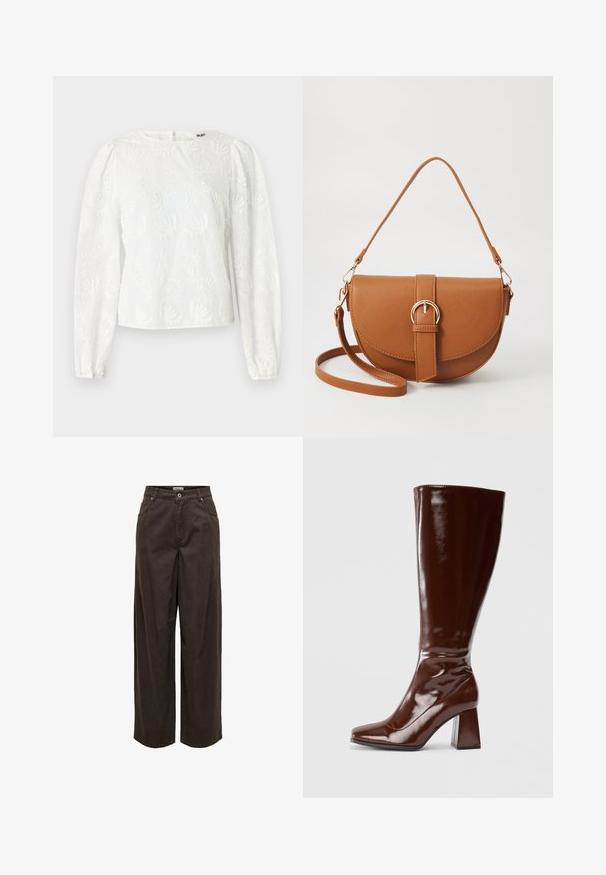 Blouse blanche à manches longues et bouffantes, ornée de motifs floraux brodés et d'un col rond. Fermeture éclair au dos.; Pantalons à jambes larges en marron foncé, en coton, avec une taille classique, un zip à l'avant, cinq poches et des détails de couture minimalistes.; Bottes en cuir verni marron jusqu'aux genoux avec un bout carré, finition brillante et un talon épais pour la stabilité. Design sans couture sans matériel visible.; Sac bandoulière en cuir marron avec une forme incurvée, quincaillerie dorée et un accent en boucle. Comprend une bandoulière détachable.