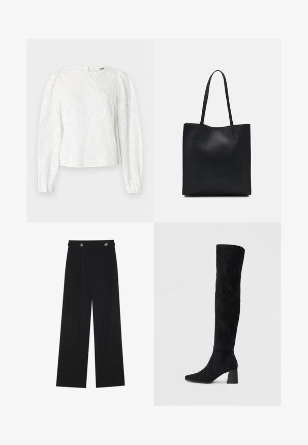 White blouse with long puffed sleeves, featuring embroidered floral patterns and a round neckline. Back zipper closure.; Black wide-leg trousers with high waist, button details on waistband, and front pleats.; Black suede knee-high boot with block heel, pointed toe, and smooth, seamless design on a plain light background.; Black leather tote bag with smooth texture, rectangular shape, and two long handles. No visible hardware or embellishments.