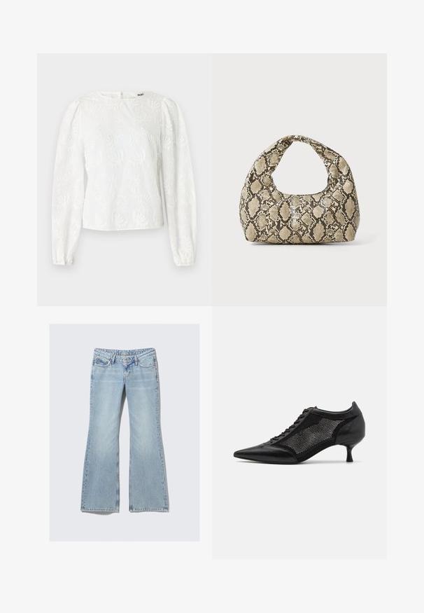 Bela bluzica z dolgimi pufi, okrašena z vezenimi cvetličnimi vzorci in okroglim izrezom. Zadrga na hrbtu.; Weekday NOVA - Kavbojke slim fit - lip blue; Črne čevlje z ostro nosom, zasnovane z mrežnim panelom, z nizko peto in vezalkami spredaj. Narejeni so iz kombinacije usnja in mrežnega materiala.; Torba z vzorom kače s ukrivljenim ročajem. Narejena iz teksturiranih, bež in rjavih materialov, ki imajo značilen diamante vzorec.