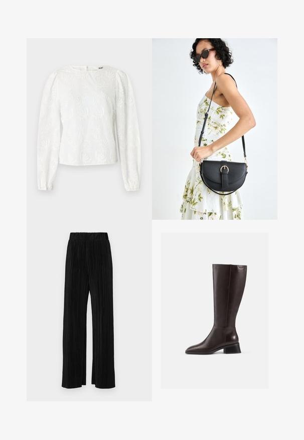 Balta bliusonė su ilgomis pūkuotomis rankovėmis, dekoruota siuvinėtomis gėlių rašteliais ir apvaliu iškirpimu. Užtrauktukas nugarinėje dalyje.; Juodi plisuoti kelnės su elastine juosta. Turėkite plačias kojas ir glotnų, tekstūrinį audinį su vertikaliais dryžiais.; Knee-high rudos odinės botai su lygiu paviršiumi, apvaliu pirštu ir juodu aukštu kulnu. Paprastas dizainas su minimaliais detalėmis.; Juodas odinis krepšys su išlenkta forma, nuimamu dirželiu ir auksiniais detalėmis. Krepšys turi kilpą su sagtimi.