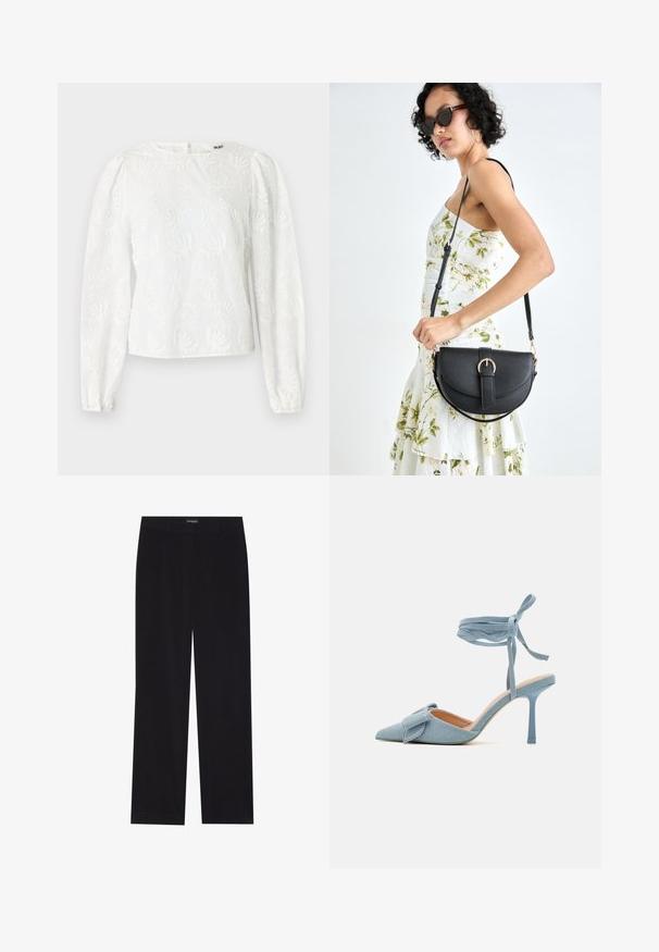 White blouse with long puffed sleeves, featuring embroidered floral patterns and a round neckline. Back zipper closure.; Black corduroy trousers with a straight cut, featuring a flat waistband and no visible pockets, smooth texture, and vertical ribbing detail.; Pointed-toe high heel shoe in light blue fabric with a textured finish, featuring a bow accent and ankle strap for secure fit.; Black leather handbag with a curved shape, detachable strap, and gold hardware. The bag features a flap with a buckle detail.