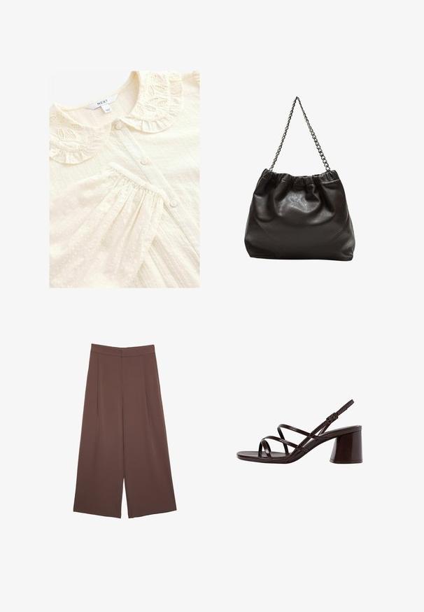 Cream blouse with a decorative, embroidered ruffled collar, button closure, and textured fabric featuring raised dots and pleats.; Brown wide-leg trousers with a smooth texture, featuring a high waist and front pleats. The fabric is lightweight and flows loosely.; Brown strappy high-heel sandal with a chunky heel, featuring a smooth, glossy finish and multiple crisscross straps on the upper.; Brown leather bag with a gathered top and a chain strap. Smooth texture with a glossy finish and subtle seam detailing on the sides.