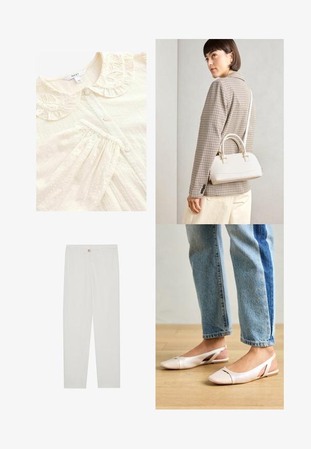 Creme blouse met een decoratieve, geborduurde rucheskraag, knoopsluiting en een gestructureerde stof met verhoogde stippen en plooien.; Witte, op maat gemaakte broek met een rechte pijpdesign, featuring een knoopsluiting, riemlussen en zijzakken; gladde stoftextuur.; Zachtroze slingback ballerina's met een spitse neus, gemaakt van een glad leerachtig materiaal. Bevat uitsnijdingen aan de zijkanten en heeft een platte hak.; Witte gestructureerde handtas met korte handvatten en een schouderband, voorzien van gouden hardwareaccenten en een textuurmateriaal, tentoongesteld tegen een grijze achtergrond.