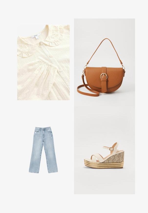Kremowa bluzka z dekoracyjnym, haftowanym falbaniastym kołnierzykiem, zapięciem na guziki i teksturowanym materiałem z wypukłymi kropkami i fałdami.; Jasnoniebieskie dżinsy o szerokim kroju, z wystrzępieniami, pięcioma kieszeniami oraz zapięciem na zamek błyskawiczny.; Sandały na koturnie z kremową górą z tkaniny, regulowanym paskiem wokół kostki oraz teksturowanym plecionym obcasem z złotymi akcentami i warstwowym słomkowym wykończeniem.; Brązowa skórzana torba na ramię o zaokrąglonym kształcie, ze złotymi akcentami i zapięciem w formie klamry. Posiada odpinany pasek na ramię.