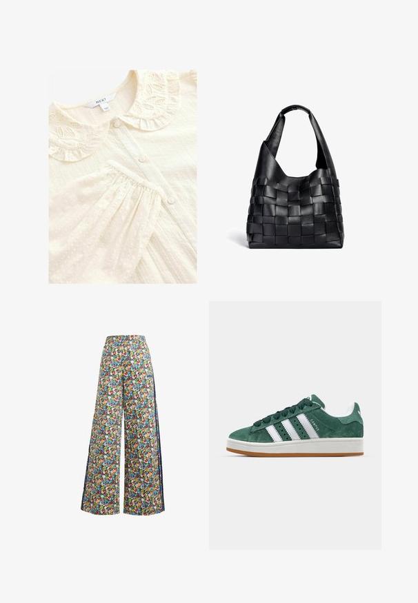 Krémová blúzka s dekoratívnym vyšívaným volánovým golierom, zapínaním na gombíky a textúrovanou látkou s vyvýšenými bodkami a záhybmi.; Široké květinové nohavice s modrým pozadím, které mají pestrý vzor červených, žlutých a modrých květin a elastický pás.; Zelené semišové tenisky s bielymi koženými pruhmi, gumovou podrážkou, polstrovaným golierom a minimalistickým dizajnom. Obsahujú branding na boku.; Čierna kožená tkaná taška s voľným tvarom a širokým ramenným popruhom. Disponuje textúrovaným, prepleteným dizajnom s hladkým povrchom.