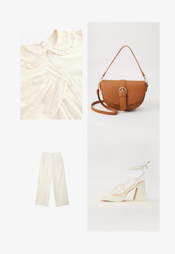 Kremasta bluzica s dekorativnim, vezom ukrašenim volanom, zatvaranjem na gumbi i teksturiranom tkaninom koja sadrži uzdignute točkice i nabore.; Hlače širokih nogavica od kremaste tkanine s glatkom teksturom, s jednim prednjim gumbom, suptilnim plitvicama i visokim strukom.; Bijela sandala na visokoj potpetici s debelim petom, s remenom i vezanjem oko gležnja. Glatka tekstura s platformom sprijeda za dodatnu visinu.; Smeđa kožna torba preko tijela s zakrivljenim oblikom, zlatnim metalnim detaljima i naglaskom na kopču. Ima odvojivu naramenicu.