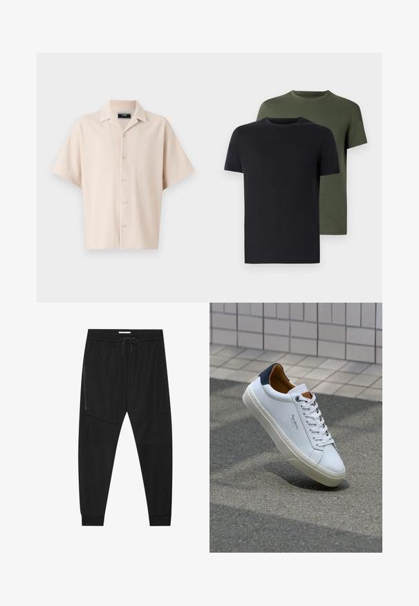 Bežna kratkotrajna majica s ovratnikom, z navpičnimi črtami, z zapiranjem na gumb in sproščenim krojem. Gladka tekstura.; Dve majice s okroglim izrezom v črni in olivno zeleni barvi, narejene iz mehkega bombažnega materiala. Oblikovanje je preprosto, z kratkimi rokavi in ravnim krojem.; Črne športne hlače iz teksturirane tkanine, z nastavljivim pasom, stranskim žepom na zadrgo in zoženimi manšeti.; Beli usnjeni čevelj s plavo peto, okrogelimi prsti in kontrastnimi rjavimi detajli. Ima ravne vezalke in teksturiran gumijast podplat.