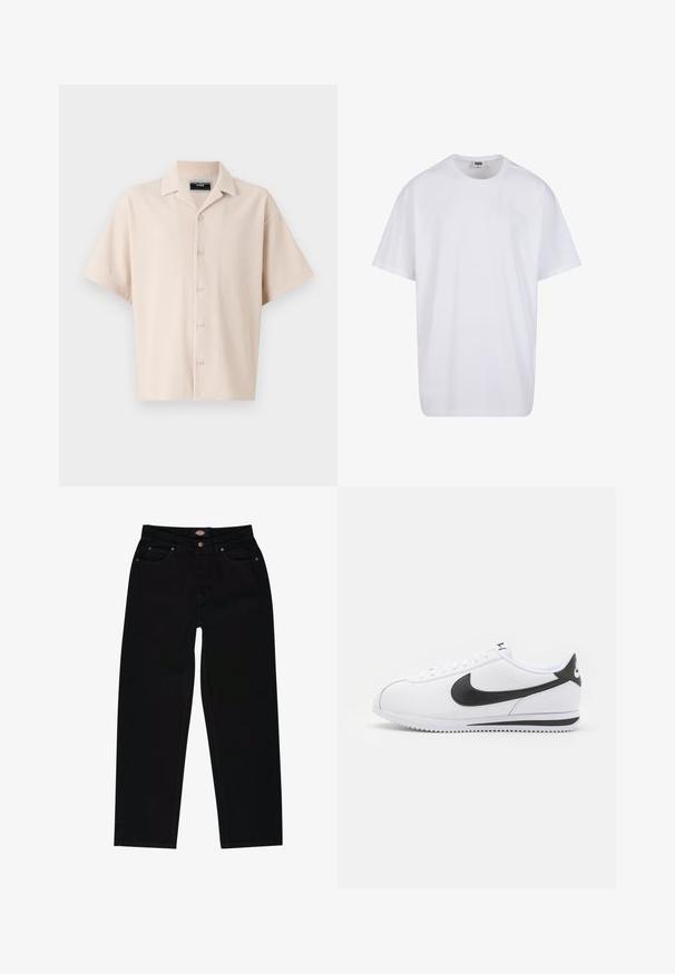 Beige kortärmad skjorta med krage, med vertikala ränder, knappstängning och avslappnad passform. Slät textur.; Vit bomull t-shirt med korta ärmar, rundad halsringning, avslappnad passform och utan synliga logotyper eller mönster. Slät textur och minimal design.; Svarta jeans i denim med rak passform, med fem fickor, bruna sömmar och dragkedja. Slät textur och slitstarkt material.; Vita lädersneakers med svart Nike-swoosh, släta snören och strukturerad gummisula. Rund tå och vadderad krage för komfort.