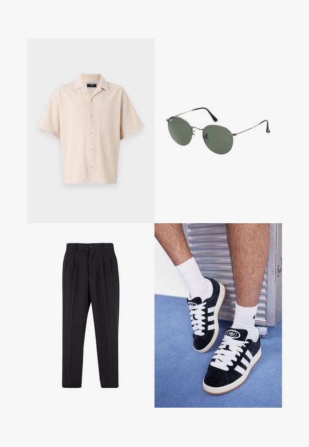 Šviesiai ruda trumpomis rankovėmis marškinėliai su apykaklės iškirpte, su vertikaliomis juostelėmis, mygtukų užsegimu ir laisvu siluetu. Lygus paviršius.; Balta medvilninė marškinė su trumpomis rankovėmis, apvaliu iškirpimu ir laisvu siluetu. Lygus paviršius be matomų raštų ar akcentų.; Juodi kelnių su raukšlėtu priekiu dizainu, pagaminti iš lygaus audinio. Su mygtuko užsegimu ir diržo kilpomis; tiesios kojų formos.; Juodos zomšos sportbačiai su baltais raišteliais ir trimis baltais dryžiais. Ant liežuvėlio yra apvalus juodas logotipas, o pado medžiaga – guminė.; Metaliniai akiniai su ovaliais žaliais lęšiais. Plonas sidabro spalvos metalinis rėmas ir juodi ausų laikikliai. Minimalistinis dizainas, be matomų logotipų.