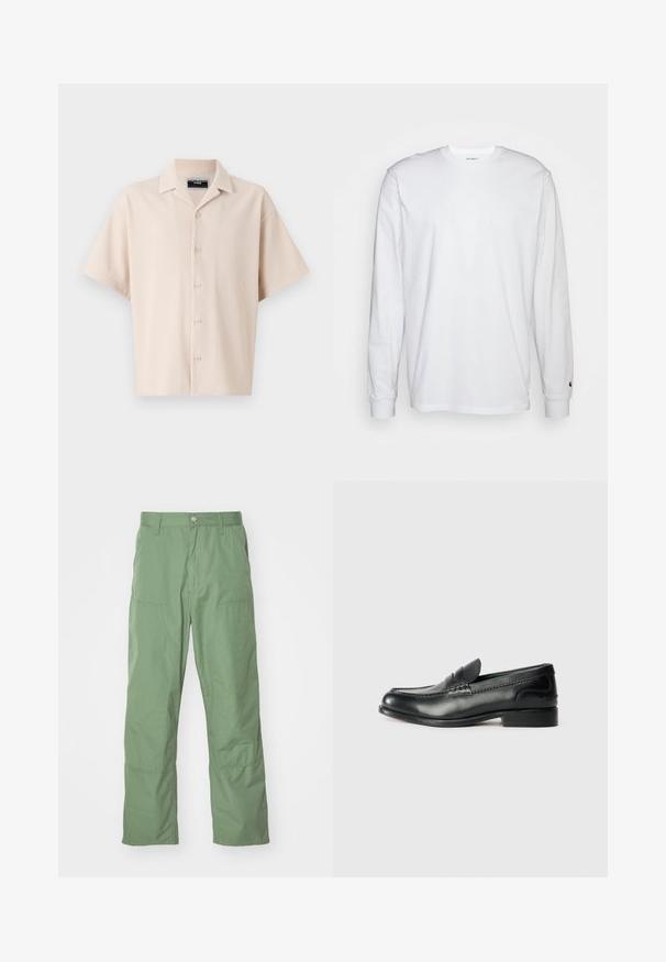 Beež lühikeste varrukate ja kaelusega särk, millel on vertikaalsed triibud, nööpide sulgemine ja lõtv sobivus. Sile tekstuur.; Valge pika varrukaga T-särk, mis on valmistatud puuvillast. Ümmargune kaelus, ribaga mansetid ja väike logo vasakul varrukal. Sile tekstuur.; Heledad rohelised, mugavad püksid, millel on sujuv tekstuur, küljetaskud ja nähtavad õmblusdetailid. Täispikkusega ja sirge jala disainiga.; Mustad mustad nahast loafers, mis on kaunistatud sileda viimistluse, õmblusdetailide ja veidi kõrgendatud kannaga.