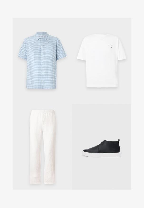 Camicetta a maniche corte con bottoni in un motivo a quadri blu chiaro e bianco, realizzata in tessuto leggero, con colletto appuntito e patta frontale.; Maglietta bianca in cotone con una vestibilità rilassata, maniche corte e scollatura a V. Presenta due piccoli loghi stampati neri sul lato sinistro.; Pantaloni bianchi in lino con vita elasticizzata, design a gamba dritta e tessuto leggermente strutturato. Nessun motivo o dettagli aggiuntivi.; Sneakers alte in pelle nera con finitura liscia, suola in gomma bianca e un design semplice con lacci. Presentano un occhiello sul retro.