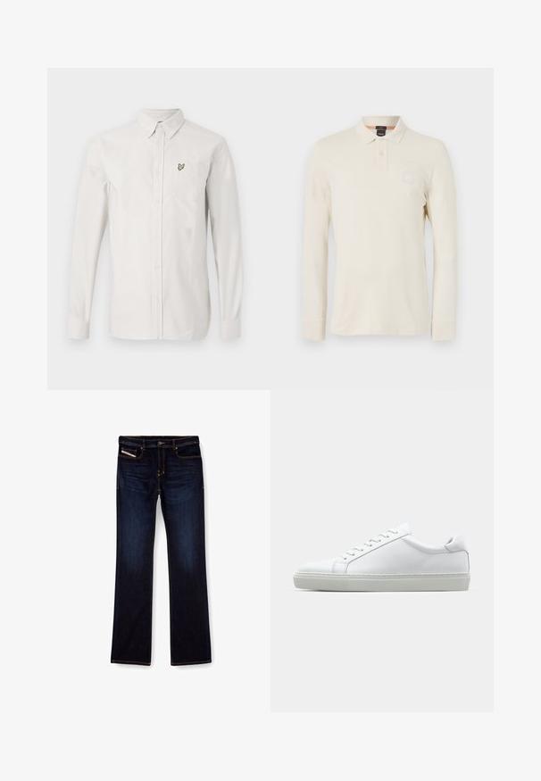 Hvit skjorte med knapper laget av bomull med lange ermer. Inkluderer en liten grønn brodert fuglelogo på lommen til venstre på brystet.; Langermet polo skjorte i lys beige, laget av glatt stoff, med polo krage, to knappelukking, og en liten logo lapp på brystet.; Mørkeblå denimjeans med rette ben, med oransje sømmer, glidelås og frontlommer. Glatt tekstur og standard linning.; Hvit sneakers med en glatt skinnoverdel og lav profil. Har en rund tå, seks snøring hull, og en teksturert gummisåle.