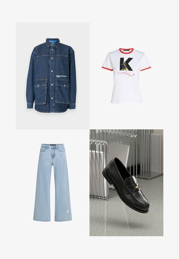 Tmavomodrá rifľová bunda s patentnými gombíkmi, dvoma veľkými prednými vreckami so záklopkou a výšivkou "Karl Lagerfeld Jeans" na náprsnom vrecku.; Biela bavlnená tričká s červeným výstrihom a lemovaním rukávov. Má čierny grafický prvok 'K' a Káčera Donalda s podpisom v červenej farbe.; Svetlomodré široké džínsy z denimu s vyšitým textom "Donald a Daisy" na ľavom boku. Majú klasický dizajn s piatimi vreckami a pútka na opasok.; Čierne kožené mokasíny s hladkým povrchom, s ozdobnou páskou a malým zlatým akcentom. Podrážka je plochá s zaoblenou špičkou.