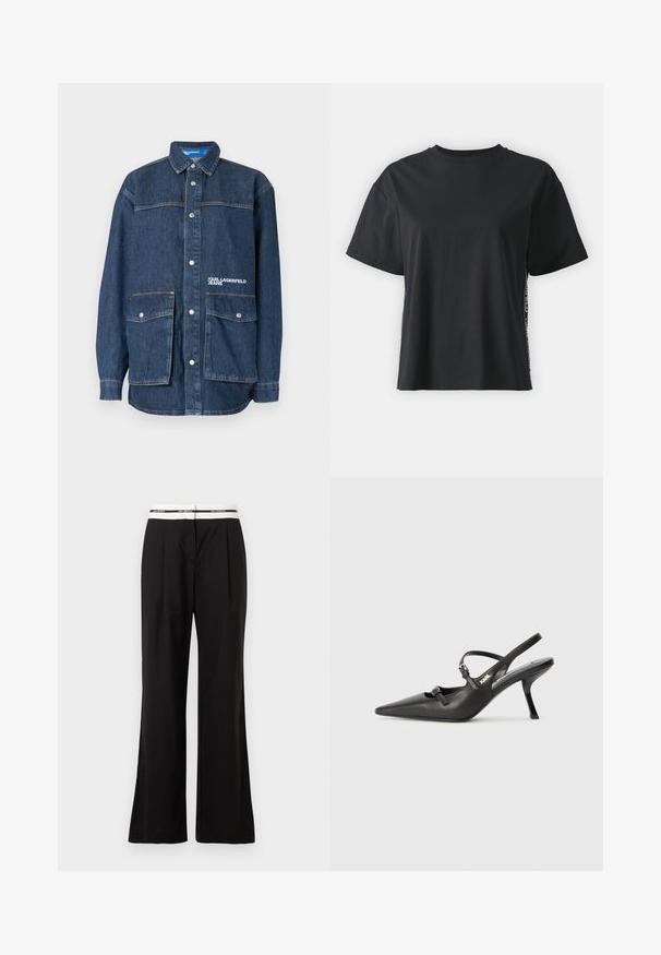 Dark blue denim jacket with snap buttons, two large front flap pockets, and "Karl Lagerfeld Jeans" embroidered on the chest pocket.; Black short-sleeve cotton t-shirt with a relaxed fit and contrasting side panel featuring small text and design details.; Black trousers with a relaxed fit, featuring a white elastic waistband with branding. Made of smooth fabric with a slight sheen.; Black leather slingback heels with a pointed toe, slender heel, and decorative buckle detail on the vamp. Smooth texture and sleek design.