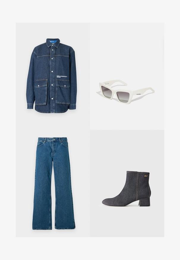 Tamsiai mėlynas džinsinis švarkas su spaudėmis, dvi didelės priekinės kišenės su sklendėmis ir siuvinėtas užrašas „Karl Lagerfeld Jeans“ ant krūtinės kišenės.; Plačios kojų mėlynos džinsinės kelnės su klasikiniu penkių kišenių dizainu, turinčiu priekinį mygtuką ir užtrauktuką bei subtiliu nusidėvėjimo efektu.; Tamsiai mėlyni kulkšnies auliniai batai su smailiu kojų pirštu, blokuotu kulnu, matomu siuvimu ir subtiliu prekės ženklo logotipu šone. Lygus paviršius.; Baltos didelės saulės akys su matinio finisho, kampuotu dizainu, gradientiniais pilkais stiklais ir subtiliu prekės ženklu ant šakės.; Juodas lakinės odos rankinės maišas trikampio formos, su viršutiniu užtrauktuku ir reguliuojama juostele. Sidabrinė logotipas "KARL LAGERFELD JEANS".