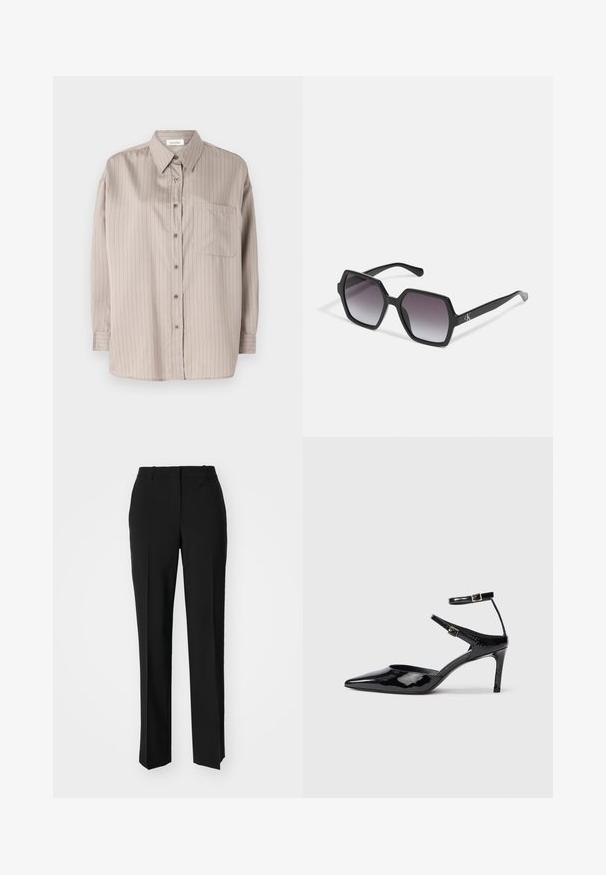 Ανοιχτό μπεζ πουκάμισο με κατακόρυφες ρίγες, μακριά μανίκια, γιακά και τσέπη στο στήθος; φτιαγμένο από μαλακό ύφασμα με άνετη εφαρμογή.; Μαύρο παντελόνι με ραφή που έχει σχεδιασμό ίσιας γραμμής, διαθέτει λεία υφή και καθαρές πτυχώσεις κατά μήκος της μπροστινής πλευράς. Χωρίς ορατό μεταλλικό υλικό.; Μαύρα παπούτσια με λουστρίνι δέρμα, με μυτερή μύτη, ρυθμιζόμενα λουράκια στον αστράγαλο και λεπτό τακούνι. Λεπτή υφή με γυαλιστερό φινίρισμα.; Μαύρα εξάγωνα γυαλιά ηλίου με γκρι διαβαθμισμένα φακούς, που διαθέτουν γυαλιστερή επιφάνεια και διακριτική σήμανση στον βραχίονα. Κατασκευή από ανθεκτικό πλαστικό.; Μαύρη δερμάτινη τσάντα με δομημένο σχέδιο, που διαθέτει κομμένο σχήμα, επάνω λαβή και χρυσά μεταλλικά στοιχεία. Περιλαμβάνει ρυθμιζόμενο λουρί ώμου.