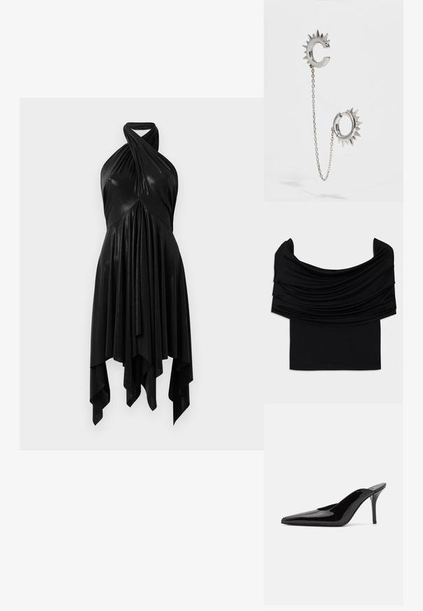 Czarna bluzka bez ramiączek z drapowanym materiałem, miękką teksturą i dopasowanym krojem. Posiada gładki, minimalistyczny dół w talii.; Czarna sukienka na halter z drapowanym wzorem. Wykonana z błyszczącego materiału, z skręconym dekoltem i asymetrycznym dołem. Gładka tekstura.; Czarne lakierowane mule na wysokim obcasie z wąskim noskiem i elegancką sylwetką, charakteryzujące się otwartym tyłem i smukłym szpilką.; Czarna torebka z ćwiekowanymi zdobieniami, łańcuszkowym paskiem i gładkim skórzanym uchwytem, o zaokrąglonym kształcie i zamykanej kieszeni.; Srebrne kolczyki o spiczastym wzorze; jeden kolczyk ma kształt litery C, połączony łańcuszkiem z okrągłym kółkiem z kolcami.